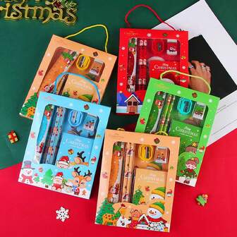 1pc Christmas 6-Piece Stationery Gift Set For Elementary Students, Children's Christmas Kindergarten Learning Gifts (Random 1 Box)