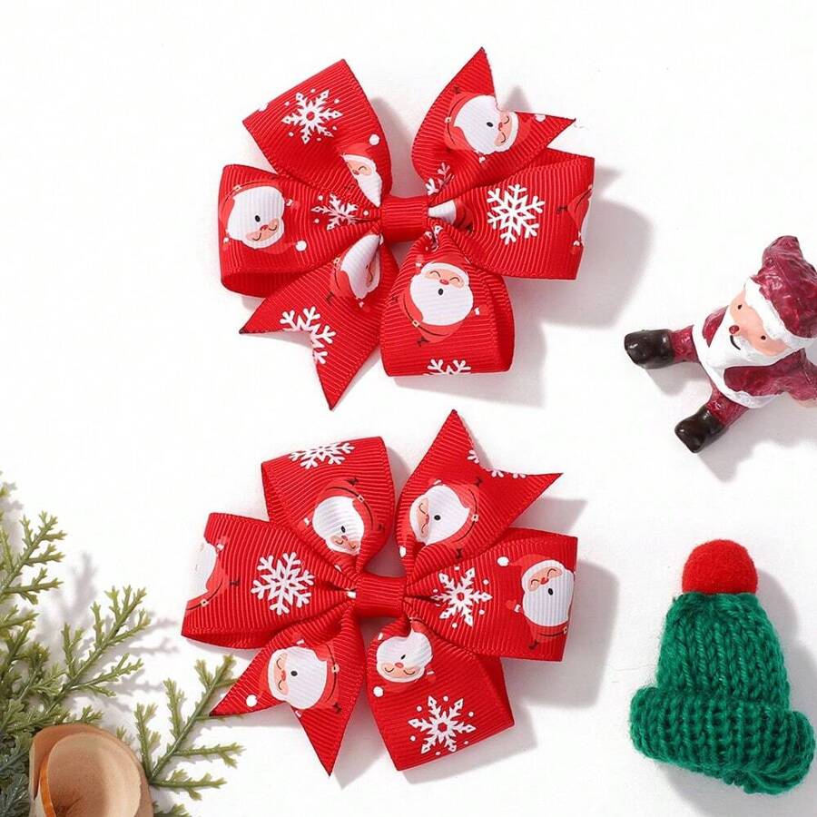 2入組隨機顏色聖誕節主題蝴蝶結髮夾,適用於兒童、派對、女孩、公主髮飾