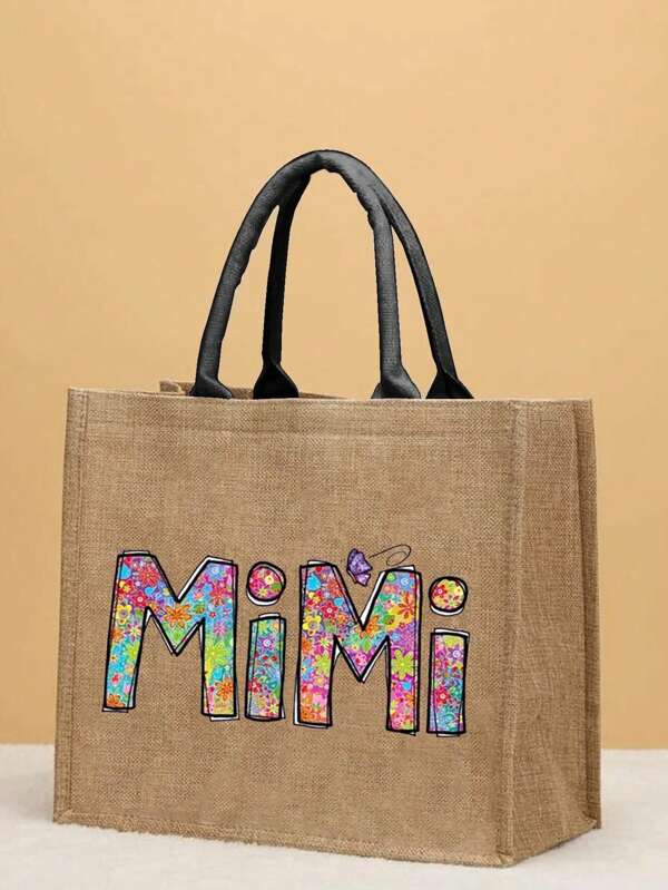Sac fourre-tout en lin à double poignée et à motif floral Mimi Monogram, sac à main pour femmes de couleur contrastée créative et élégante, grand sac de courses pour le travail, parfait sac de voyage pour les vacances à la plage, pour le rangement et les achats de vacances, pour les travailleurs blancs et les enseignants, parfait pour un usage quotidien, pour l"école, le collège, le travail, les affaires.