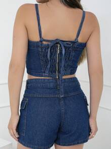 Women Denim Tops - 深色水洗藍 - 查看 5