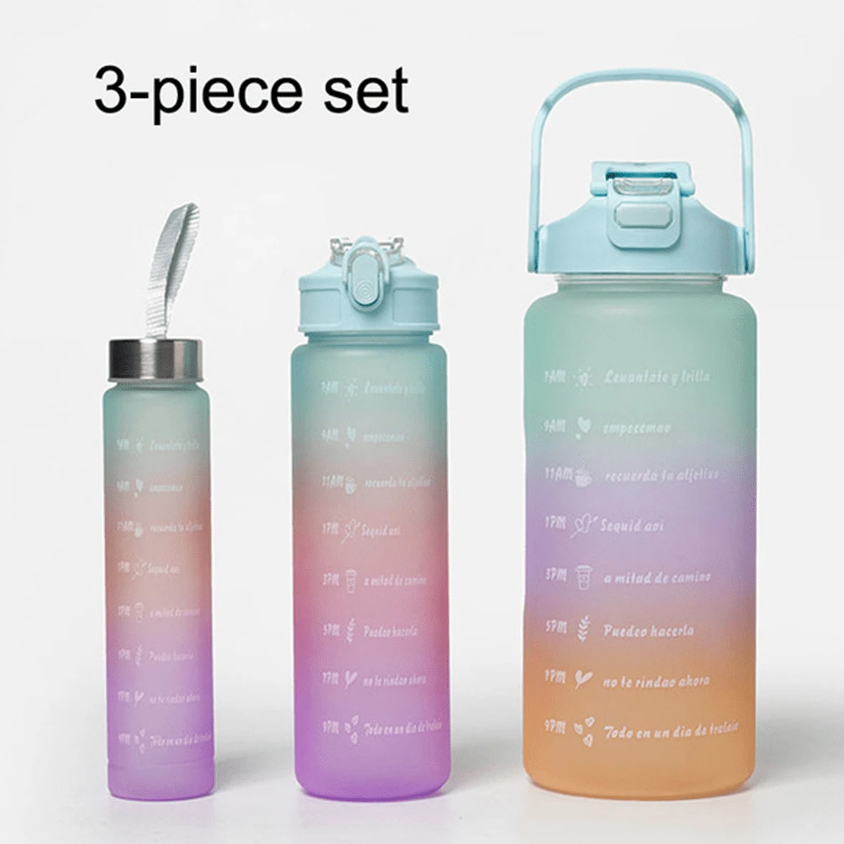 Botella de Agua Deportiva Motivacional 2 Litros, 3pzs Botellas de Agua con Popote y Marcador de Tiempo, Botella de Agua Motivacional Sin BPA, Antifuga Botella para Agua, 2L+900ML+500ML - Verde - Ver 1