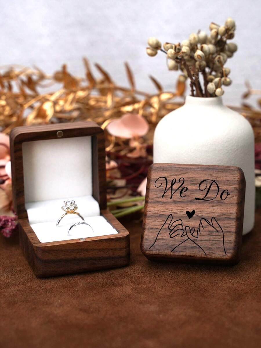 1 Pieza Caja De Doble Anillo Tallada En Madera De Nogal Romántica Con Revestimiento De Terciopelo Blanco Para Propuesta, Almacenamiento De Anillos De Bodas, Regalo Sorpresa