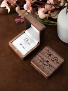 1 Pieza Caja De Doble Anillo Tallada En Madera De Nogal Romántica Con Revestimiento De Terciopelo Blanco Para Propuesta, Almacenamiento De Anillos De Bodas, Regalo Sorpresa