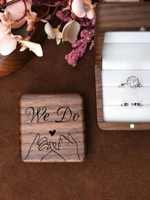 1 Pieza Caja De Doble Anillo Tallada En Madera De Nogal Romántica Con Revestimiento De Terciopelo Blanco Para Propuesta, Almacenamiento De Anillos De Bodas, Regalo Sorpresa