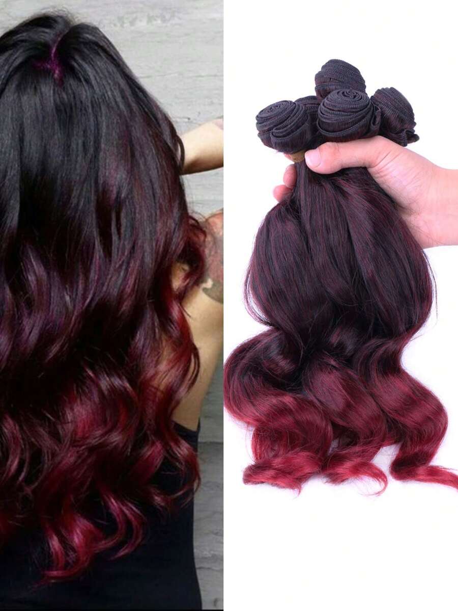 6 Piezas/set Rizos De Cabello De Fibra Sintética, Color Rojo Vino, 14 Pulgadas / 18 Pulgadas - Burdeos - Ver 1