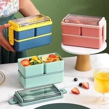 1400ML Double-Layer Plastic Lunch Box With Dividers, 3 Compartments, Leak-Proof Lid, Microwavable - Blue - View 6