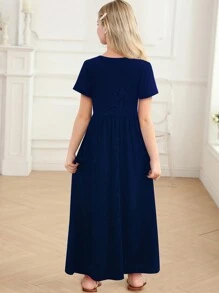 女大童素色隱藏口袋娃娃裙 - 藏蓝色 - 查看 2