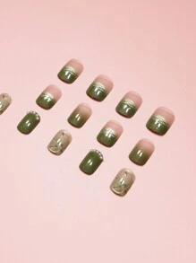 Bộ 24 móng giả vuông ngắn họa tiết hoa mùa đông màu xanh ombre dễ thương kiểu Nhật Bản đính ngọc trai, giúp tôn lên vẻ ngoài thời trang của bạn. - Nhiều màu - Xem 3