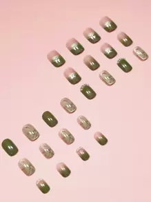 Bộ 24 móng giả vuông ngắn họa tiết hoa mùa đông màu xanh ombre dễ thương kiểu Nhật Bản đính ngọc trai, giúp tôn lên vẻ ngoài thời trang của bạn. - Nhiều màu - Xem 2