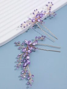 3件組女士淡紫色水鑽與水晶花葉裝飾新娘髮梳、髮夾、髮箍，優雅款 - 淡紫色 - 查看 7