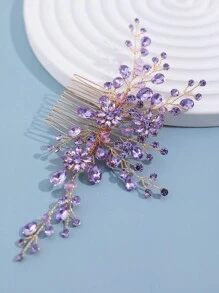3件組女士淡紫色水鑽與水晶花葉裝飾新娘髮梳、髮夾、髮箍，優雅款 - 淡紫色 - 查看 6