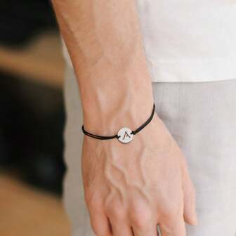 1入組時尚圓形不銹鋼A-Z最初編織調整手環適合男士