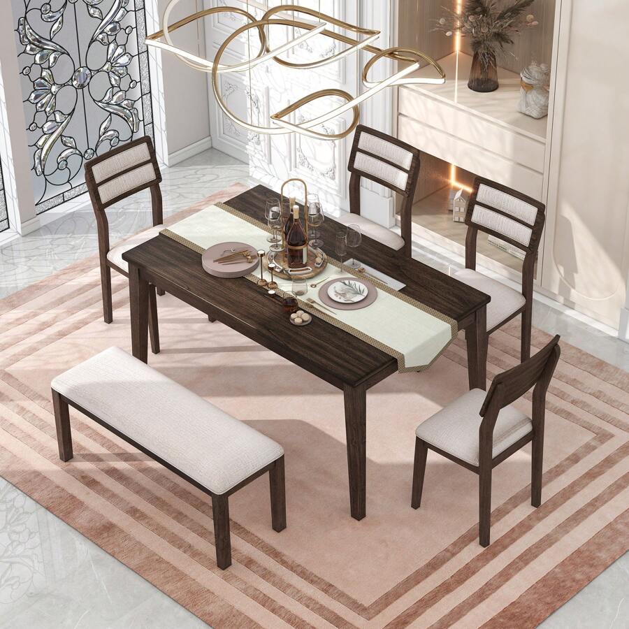 Nestfair Classic Style 6 - Piece Dining Set with 4 Upholstered Chairs and Bench
