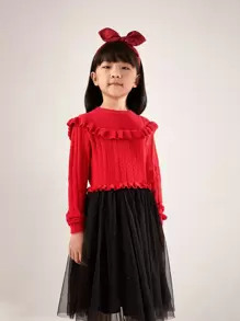 Annil 女童甜美紅色網紗長袖棉質毛衣裙 - 紅色 - 查看 1