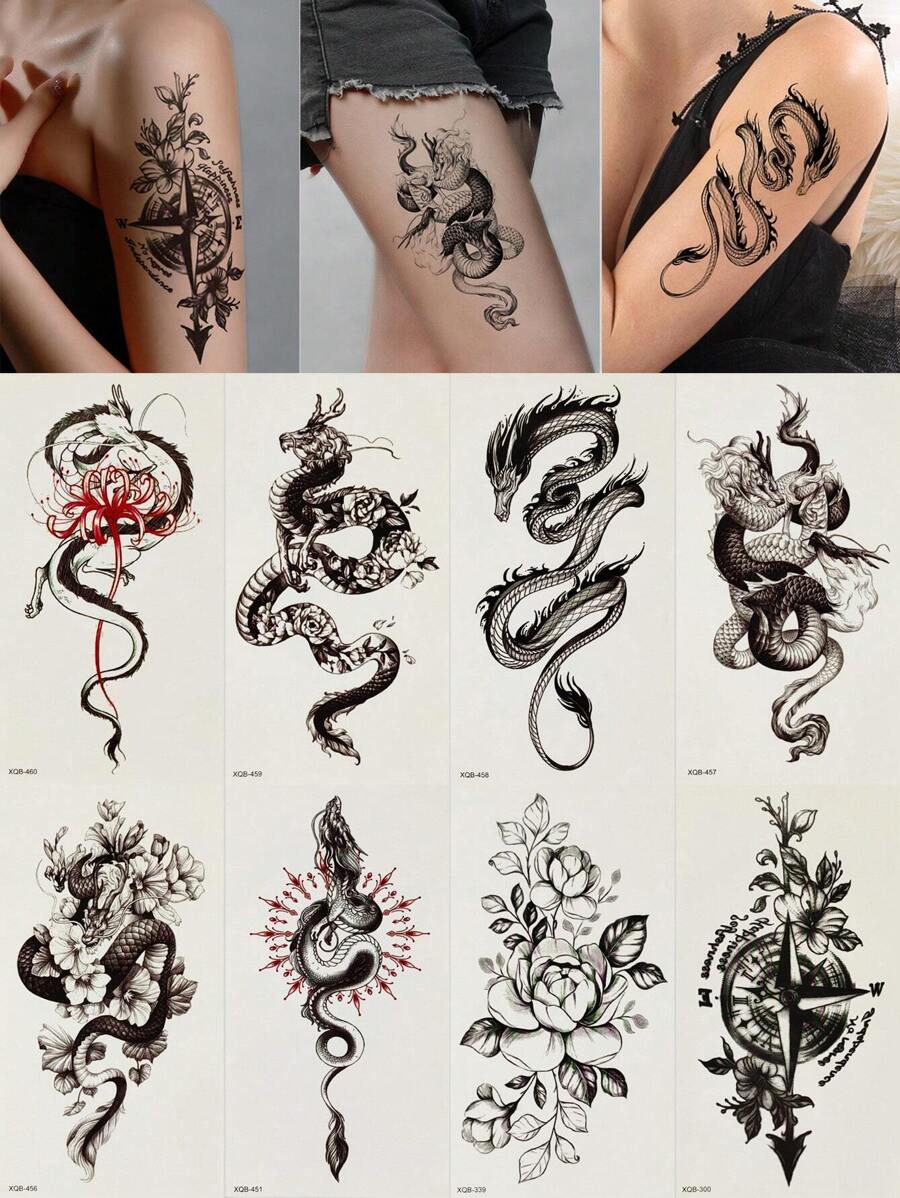 8 件黑色图腾闪光临时纹身套装，带有龙、蛇、牡丹、玫瑰、老虎、狮子、狼、曼陀罗和脚本图案
