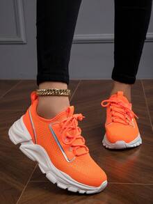 Women's Fashionable Green Breathable Comfortable Lace-Up Chunky Sneakers Chunky Sneakers Fitness Shoes - Orange - View 3