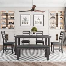 Nestfair Gray 6-Piece Wooden Dining Set with 4 Chairs and Bench