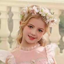 1pc Children's Flower Crown Headband, Princess Style Pearls Ribbon Hair Hoop For Wedding And Party - Multicolor - View 2