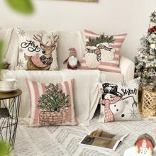 Set Of 4 Polyester Fabric Pillowcase With Deer Christmas Glove & Gentlemen Snowman Pattern Print, No Filling - Pink - View 3