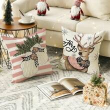 Set Of 4 Polyester Fabric Pillowcase With Deer Christmas Glove & Gentlemen Snowman Pattern Print, No Filling - Pink - View 4