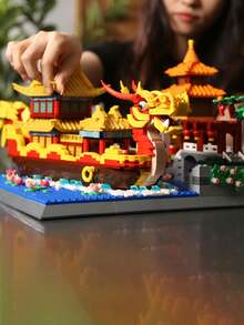 1353pcs/set Plastic Chinese Qinhuai River Painted Boat Building Blocks Model - Bronze - View 1