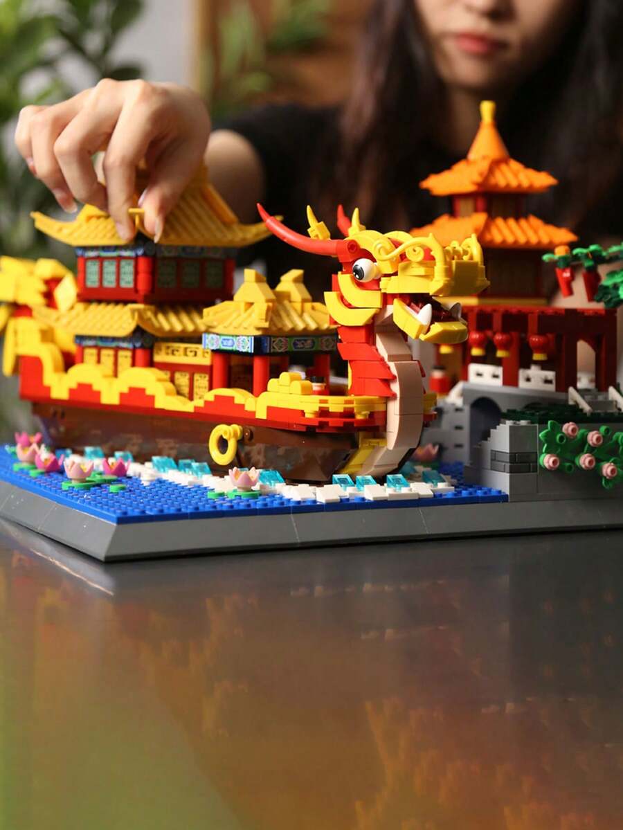 1353pcs/set Plastic Chinese Qinhuai River Painted Boat Building Blocks Model - Bronze - View 1