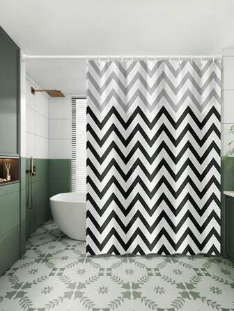 1PC-PEVA Bathroom Shower Curtain,Simple And Fashionable Black And White Wavy Pattern, Waterproof And Mildew Resistant, Free Hook Home Bathroom Decor Fall Decor Bathroom Accessories Back To School