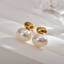 S SHOPBOHO 1 par de brincos grandes assimétricos com pérolas artificiais, estilo joia de noiva, brincos de aço inoxidável para uso diário, brincos de pérola vintage, para mulheres. - Ouro amarelo - Ver 8