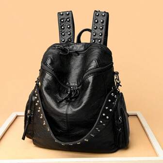 Fashionable Punk Rivet Neutral Backpack Suitable For Vacation And Street Outing,Simple And Elegant Style,School Bag,Portable,Laptop Compartment,Large Capacity,For Teen Girls Women College Students,College,Middle School,High School,Outdoors,Travel,Outings,Elementary School,Office, Y2k Bag, 2000s Fashion Style, Gothic Punk Bag For Women