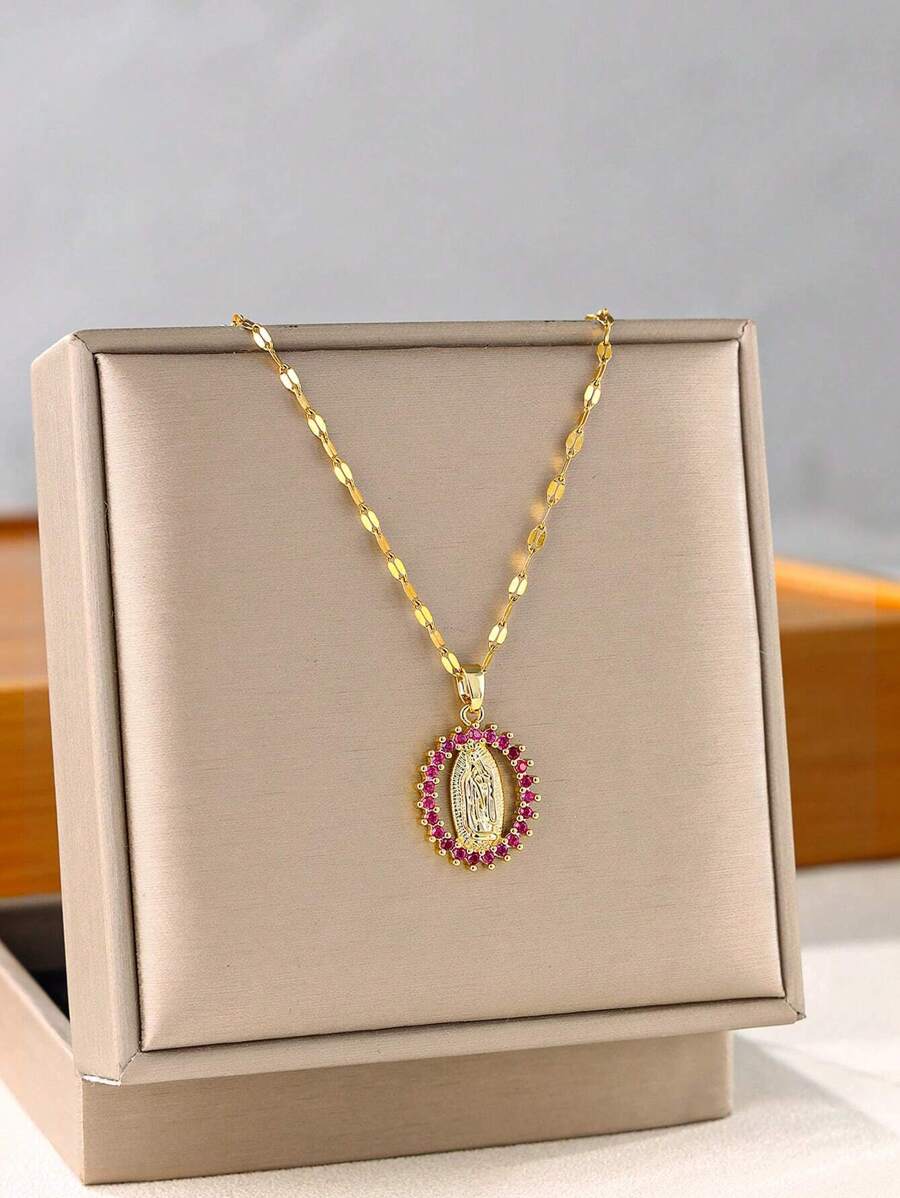 1 chiếc vòng cổ mặt dây chuyền Đức Mẹ Đồng Trinh hình oval đính đá Cubic Zirconia, Phụ kiện tôn giáo tối giản, Thép không gỉ, Phù hợp cho phụ nữ, Đám cưới, Tiệc tùng, Đeo hàng ngày. Quà tặng trang sức cho mẹ - Vàng - Xem 1