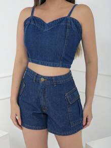 Women Denim Tops - 深色水洗藍 - 查看 4