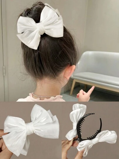 1pc White Bowknot Hair Claw Clip For Girls, Perfect For Wedding Season Flower Girl