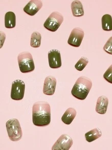 Bộ 24 móng giả vuông ngắn họa tiết hoa mùa đông màu xanh ombre dễ thương kiểu Nhật Bản đính ngọc trai, giúp tôn lên vẻ ngoài thời trang của bạn. - Nhiều màu - Xem 4