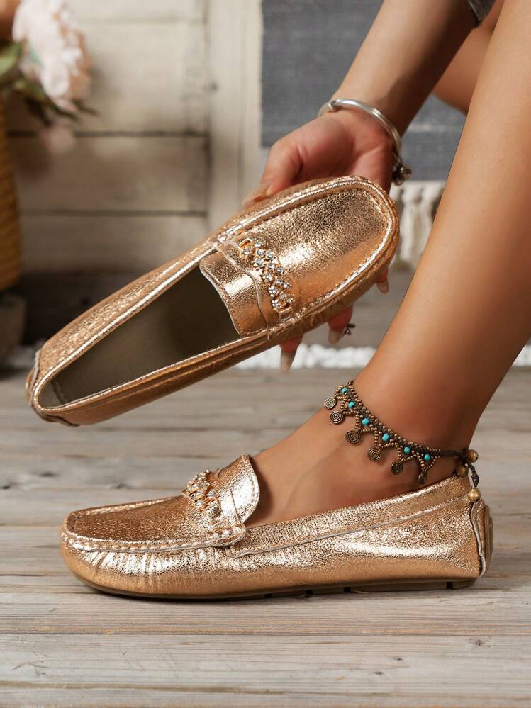 Women's Loafers Flat Shoes With Rhinestone Decoration, Soft Sole And Light Weight For Leisure - Gold - View 1