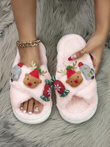 女士保暖内衬、加厚防滑、时尚交叉带圣诞家居拖鞋，粉色