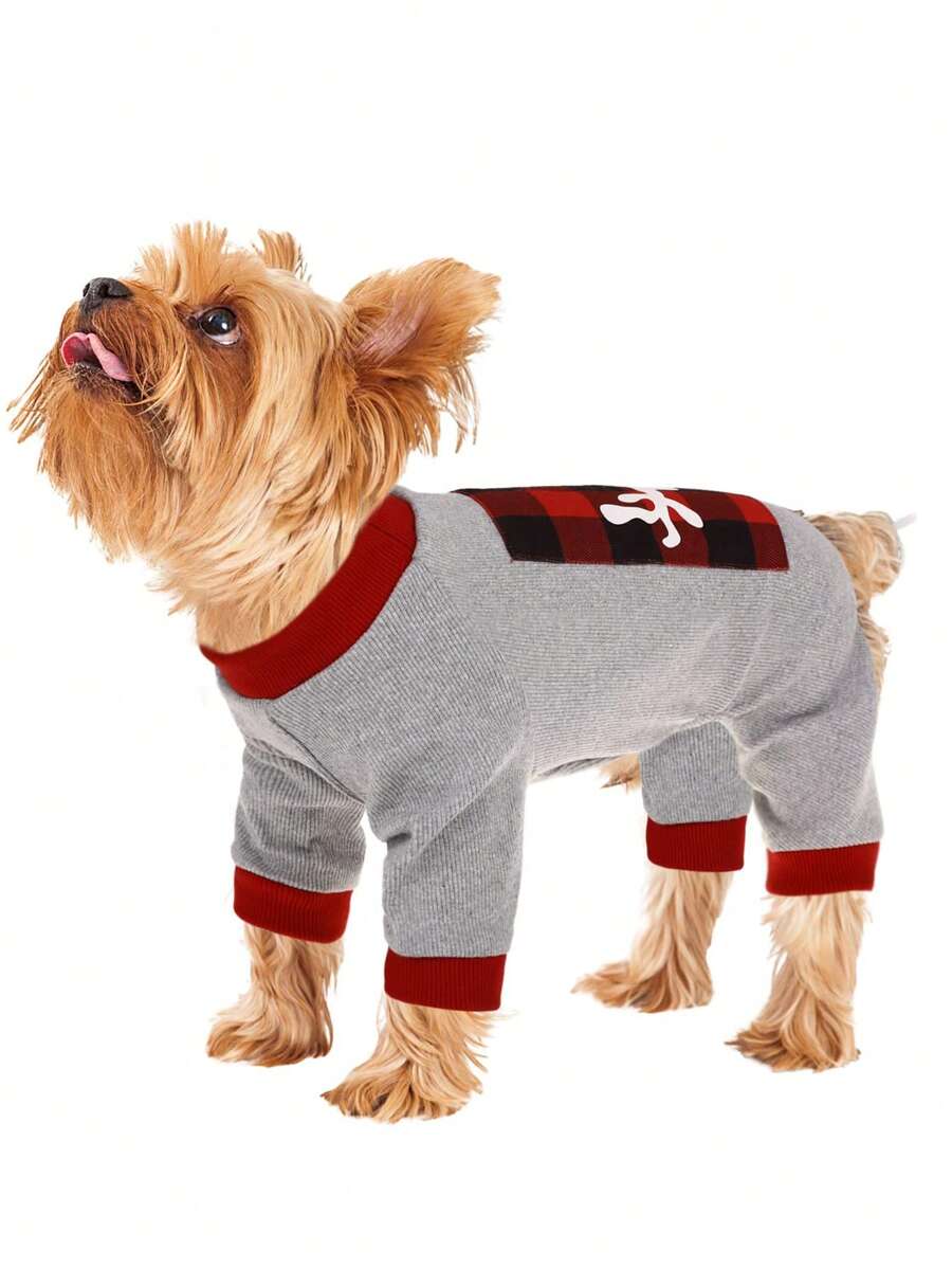 1pc Plain Color Grid Deer & Soft Printed Pet Jumpsuit With Four Legs For Indoor, Suitable For All Seasons - Grey - View 1