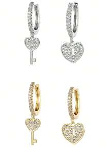 1pair Uncommon Design Silver Plated Heart Shaped Lock & Key Asymmetrical Dangle Earrings, Gift - Silver - View 3