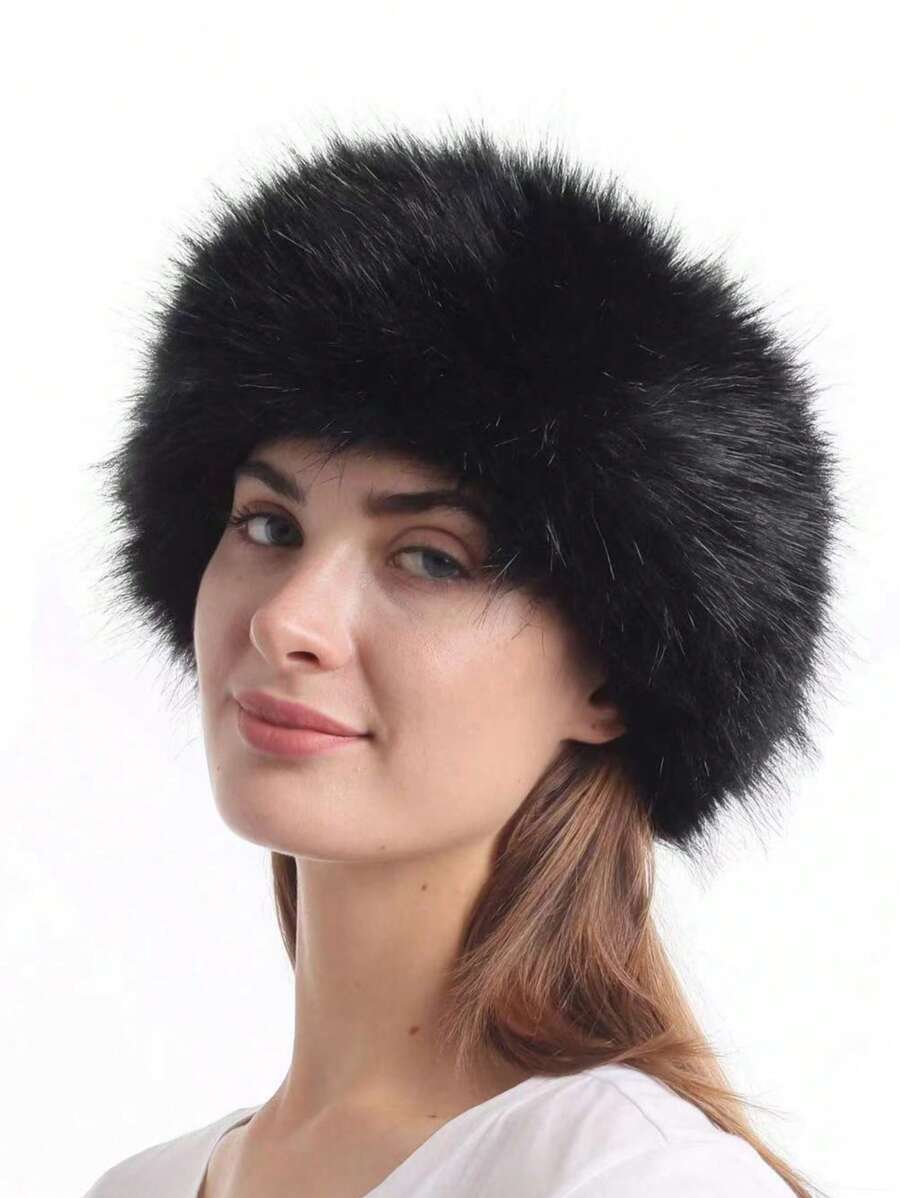 1pc Women's Solid Color Fox Fur Beanie Hat, Thickened Warm Hairband, Fashionable & Adjustable, Suitable For Daily Use - Black - View 1