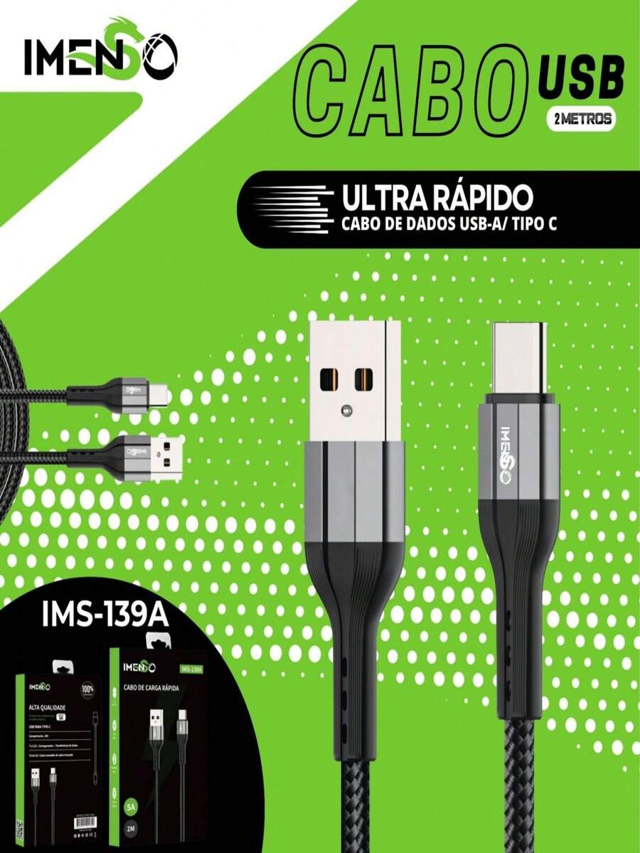 Cabo Carregador Celular usb para tipo c  Original imenso 2 Metros 139A - Preto - Visão 1
