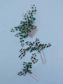 3pcs Women's Hollow Out Green Rhinestone Crystal Flower & Leaf Bridal Hair Comb & Hairpin & Headband Royal