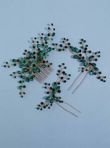 3pcs Women's Hollow Out Green Rhinestone Crystal Flower & Leaf Bridal Hair Comb & Hairpin & Headband Royal