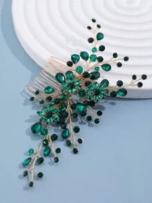3pcs Women's Hollow Out Green Rhinestone Crystal Flower & Leaf Bridal Hair Comb & Hairpin & Headband Royal
