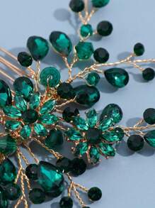 3pcs Women's Hollow Out Green Rhinestone Crystal Flower & Leaf Bridal Hair Comb & Hairpin & Headband Royal