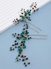 3pcs Women's Hollow Out Green Rhinestone Crystal Flower & Leaf Bridal Hair Comb & Hairpin & Headband Royal