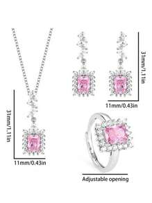 FOREVER QUEEN S925純銀首飾組粉紅色三件戒指項鍊耳環結婚首飾媽媽禮物