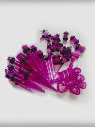Juego de 48 dilatadores de orejas con forma de corazón transparente y morado, diseño elegante, tamaño de 14g a 00g, cada uno empaquetado individualmente como regalo para San Valentín, mamá, madre, Día de la Madre