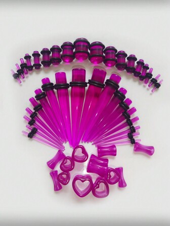 48pcs Transparent Purple Heart-Shaped Ear Gauges Set With Acrylic Tapers, Elegant Design, 14g-00g Size, Each Individually Packaged Valentines,Mom,Mother,Mother's Day,Gift