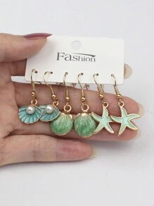 3對鋅合金搪瓷海貝海星垂墜耳環,適用於女性海洋海灘珠寶禮物婚禮