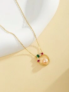 1pc S925 Sterling Silver Pendant Necklace Embedded With Colorful Cubic Zirconia And Natural Freshwater Pearl, Original Design, Suitable For Daily, Party And Dating Wear - Yellow Gold - View 3