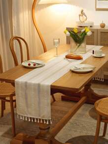 1pc Modern Style Hollow Striped Polyester Fiber Desk Flag & Runner Suitable For Home, Classroom, Hotel Use - White - View 7